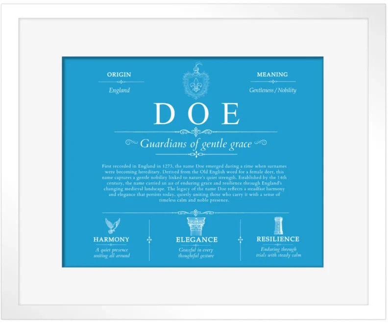 Doe surname heritage and history in Blue with White Matte Frame