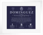 Dominguez surname history and heritage in Navy Blue with White Matte Frame