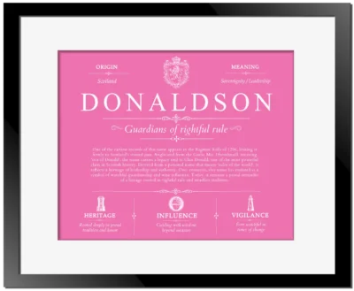 Donaldson surname heritage and history in Pink with Black Matte Frame