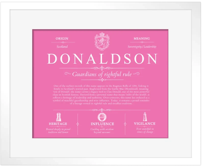 Donaldson surname heritage and history in Pink with White Matte Frame