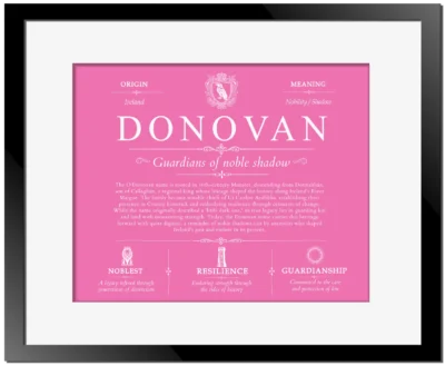 Donovan personalized surname meaning in Pink with Black Matte Frame