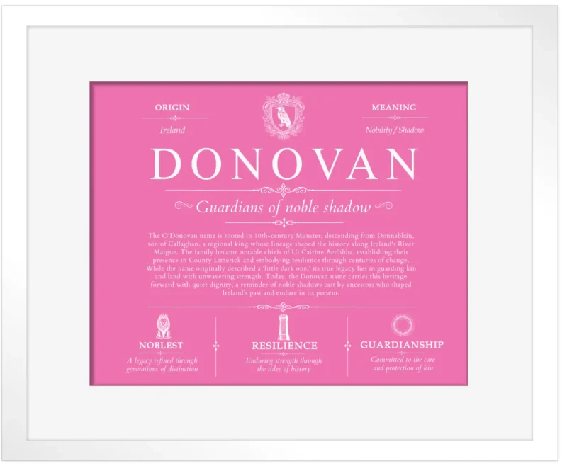 Donovan personalized surname meaning in Pink with White Matte Frame