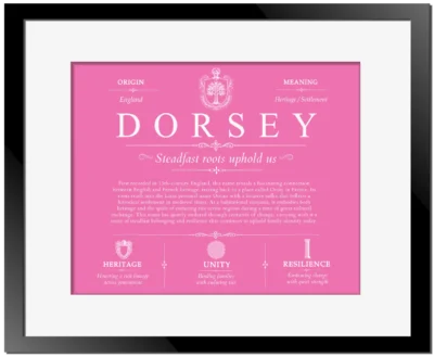 Dorsey surname origin and family heritage in Pink with Black Matte Frame