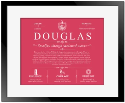 Douglas family name heritage in Red with Black Matte Frame