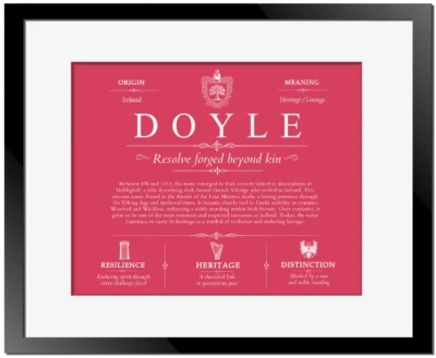 Doyle personalized surname meaning in Red with Black Matte Frame