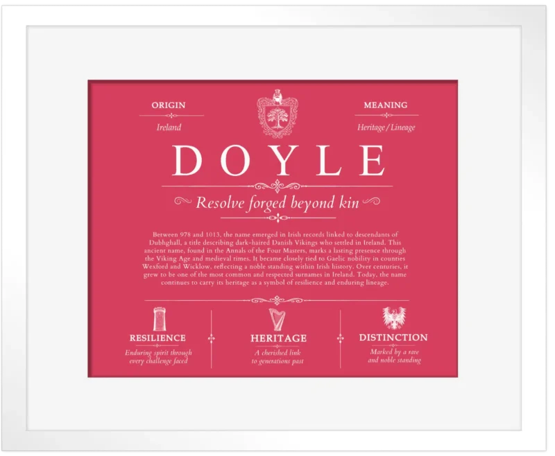 Doyle personalized surname meaning in Red with White Matte Frame