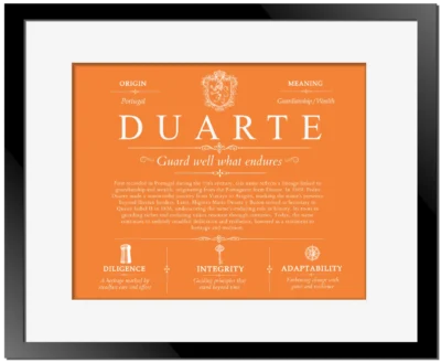 Duarte personalized last name meaning in Orange with Black Matte Frame