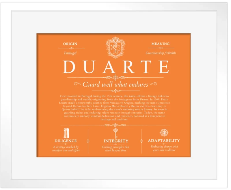 Duarte personalized last name meaning in Orange with White Matte Frame