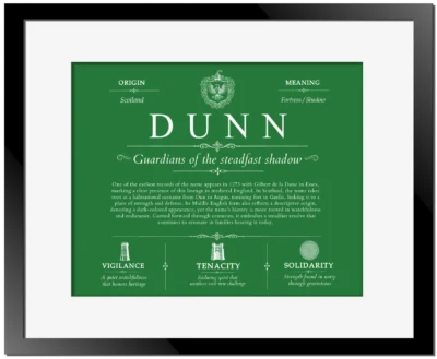 Dunn family name heritage in Dark Green with Black Matte Frame