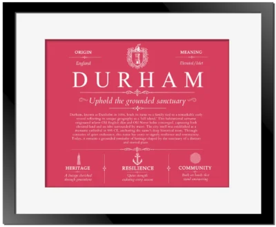 Durham family name origin and history in Red with Black Matte Frame