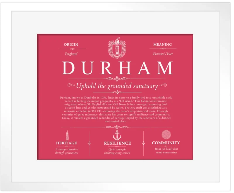 Durham family name origin and history in Red with White Matte Frame