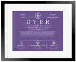 Dyer surname heritage and history in Purple with Black Matte Frame