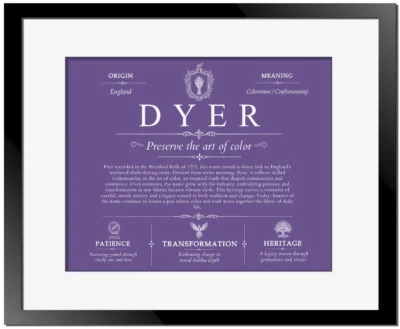 Dyer surname heritage and history in Purple with Black Matte Frame