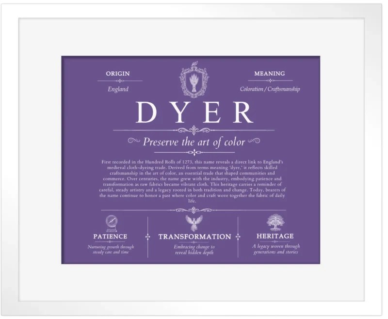 Dyer surname heritage and history in Purple with White Matte Frame