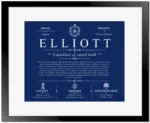 Elliott last name history and origin in Deep Blue with Black Matte Frame
