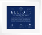 Elliott last name history and origin in Deep Blue with White Matte Frame