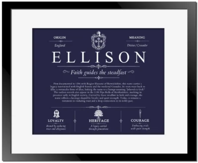 Ellison surname meaning origin and heritage in Navy Blue with Black Matte Frame