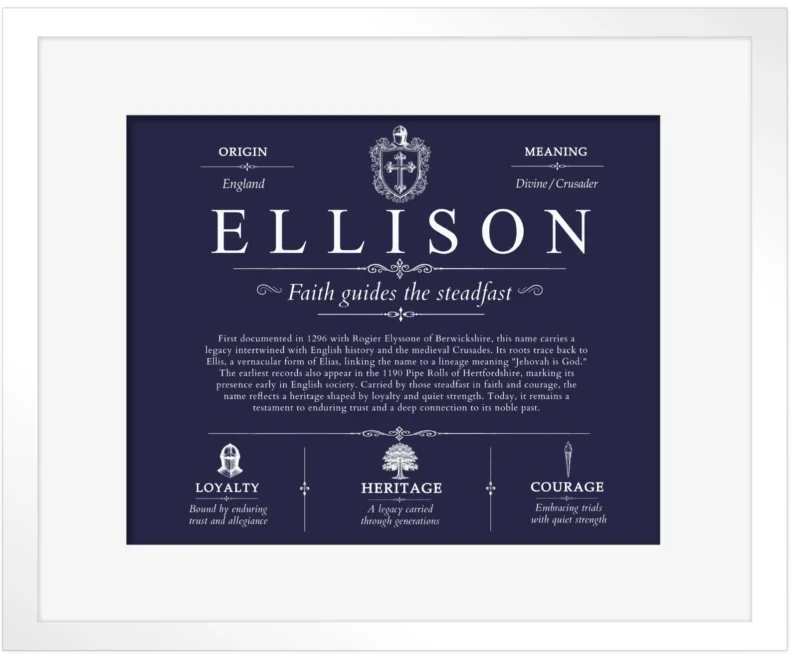 Ellison surname meaning origin and heritage in Navy Blue with White Matte Frame