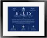 Ellis family name origin and history in Deep Blue with Black Matte Frame