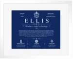 Ellis family name origin and history in Deep Blue with White Matte Frame