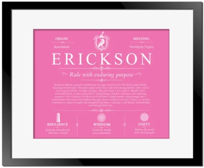 Erickson family name meaning and history in Pink with Black Matte Frame