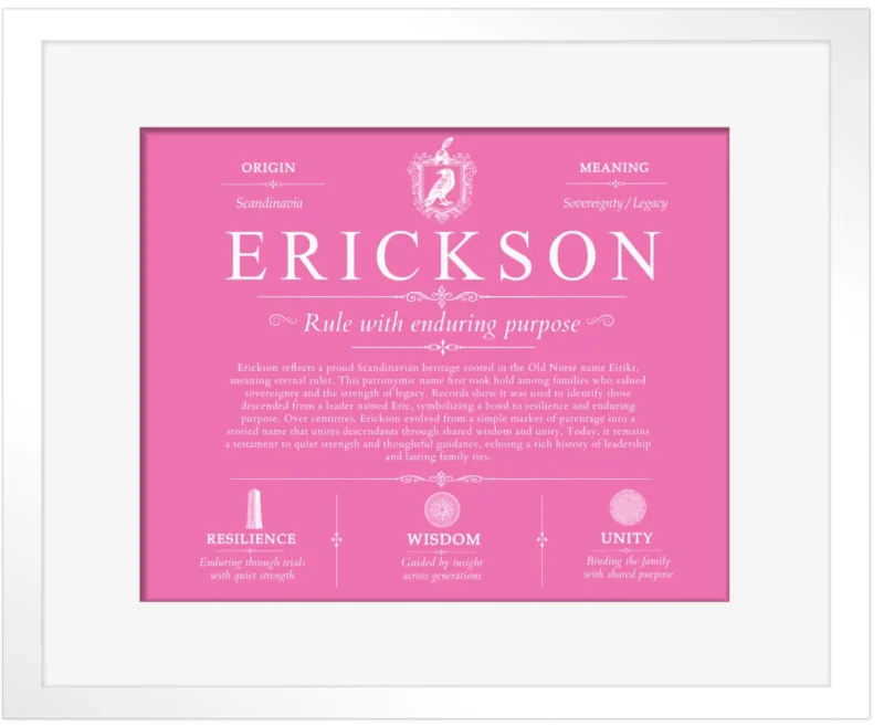 Erickson family name meaning and history in Pink with White Matte Frame