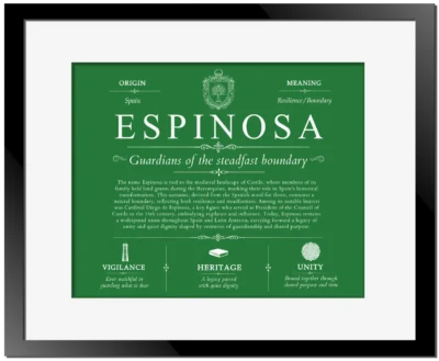 Espinosa surname origin and history in Dark Green with Black Matte Frame