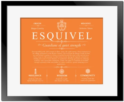 Esquivel personalized family surname in Orange with Black Matte Frame