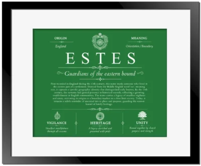 Estes surname meaning origin and heritage in Dark Green with Black Matte Frame