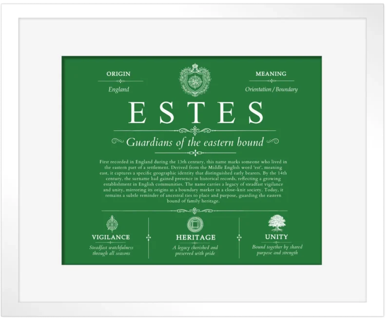 Estes surname meaning origin and heritage in Dark Green with White Matte Frame