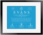 Evans personalized surname meaning in Blue with Black Matte Frame