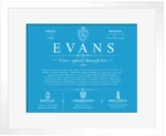 Evans personalized surname meaning in Blue with White Matte Frame