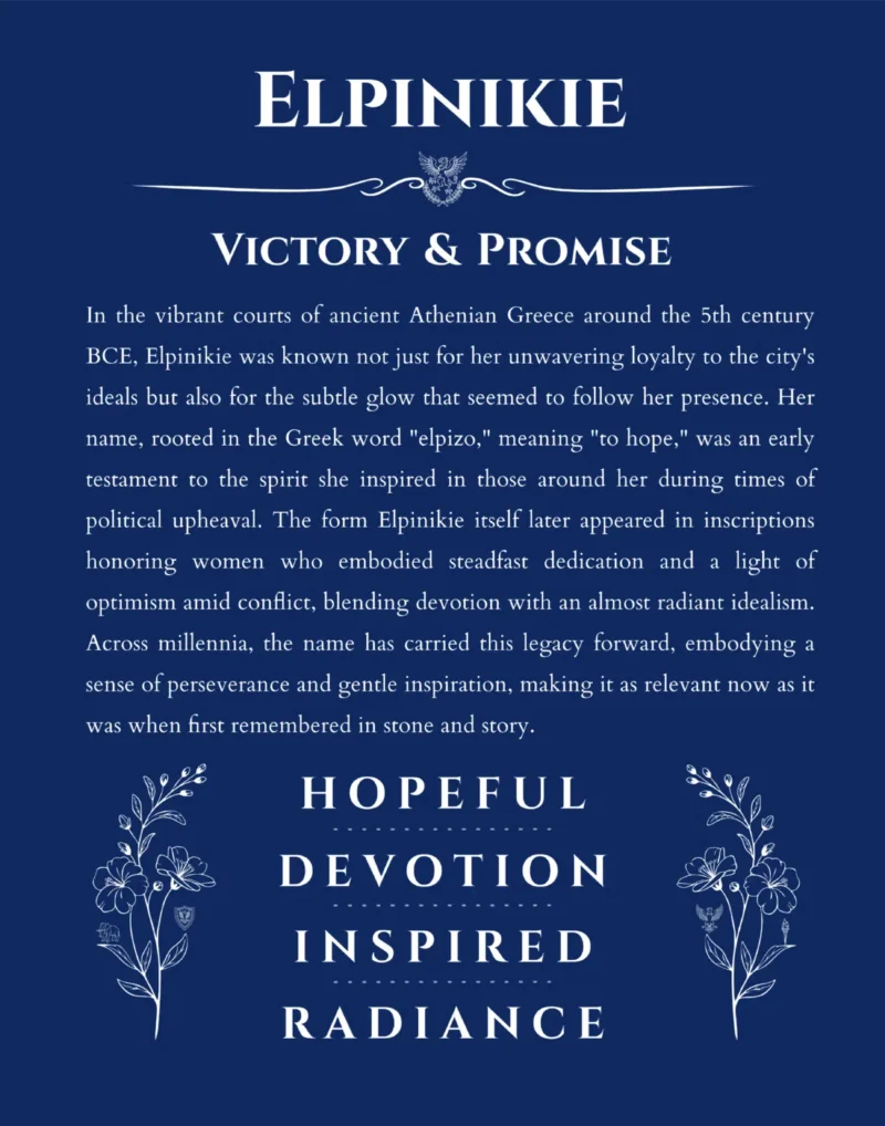 Elpinikie name history and origin print in deep blue