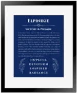 Elpinikie name history and origin print in deep blue with black matte frame
