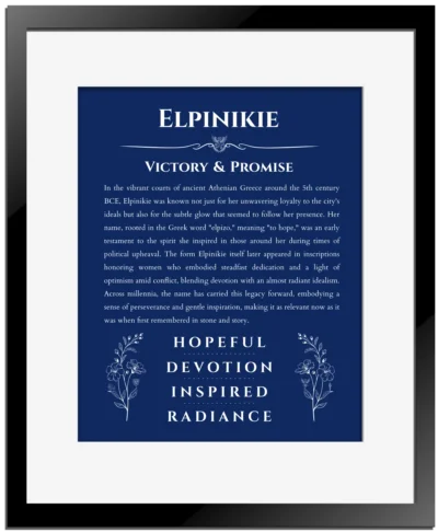 Elpinikie name history and origin print in deep blue with black matte frame