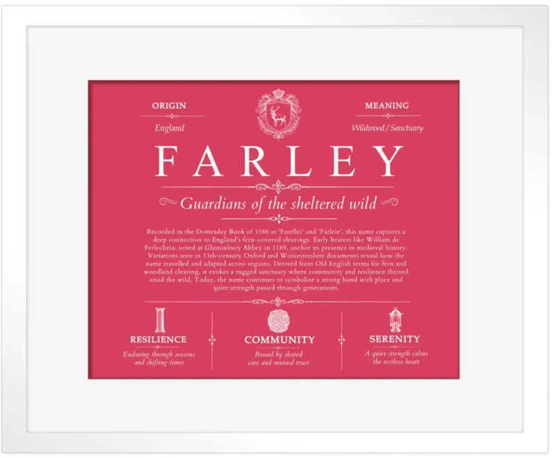 Farley family name history in Red with White Matte Frame