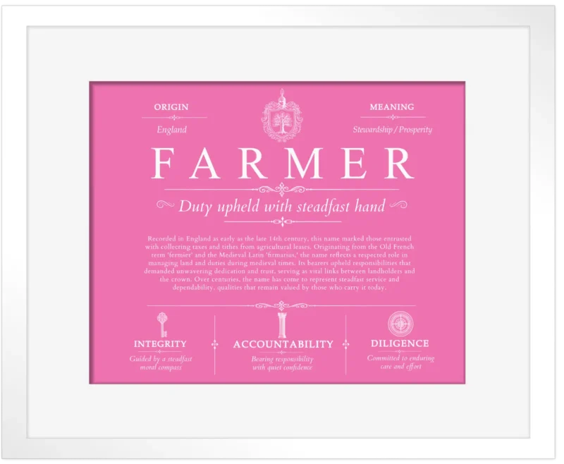 Farmer family name meaning and origin in Pink with White Matte Frame