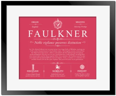 Faulkner personalized surname meaning in Red with Black Matte Frame