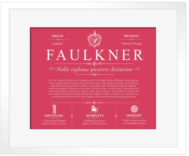Faulkner personalized surname meaning in Red with White Matte Frame