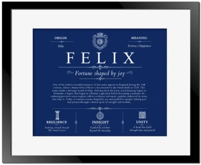 Felix family name origin and history in Deep Blue with Black Matte Frame