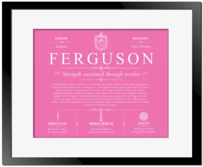 Ferguson personalized surname meaning in Pink with Black Matte Frame