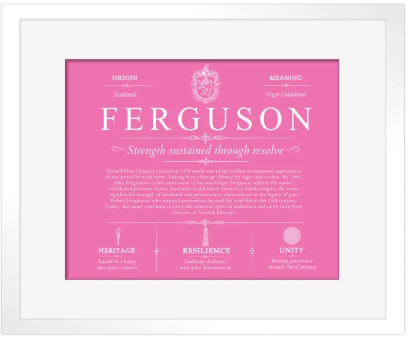 Ferguson personalized surname meaning in Pink with White Matte Frame