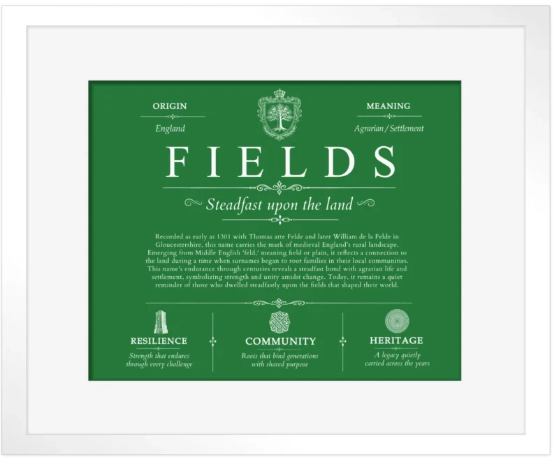 Fields surname meaning origin and heritage in Dark Green with White Matte Frame