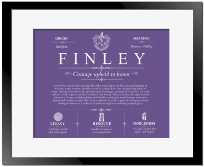 Finley surname meaning and heritage in Purple with Black Matte Frame