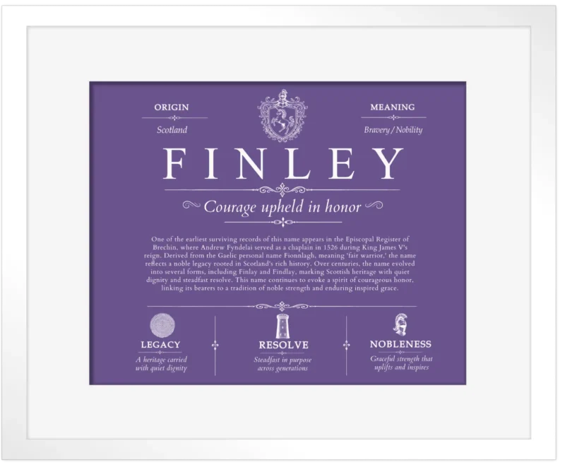 Finley surname meaning and heritage in Purple with White Matte Frame