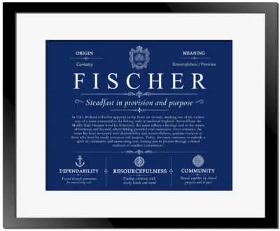 Fischer surname history and heritage in Deep Blue with Black Matte Frame