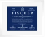 Fischer surname history and heritage in Deep Blue with White Matte Frame