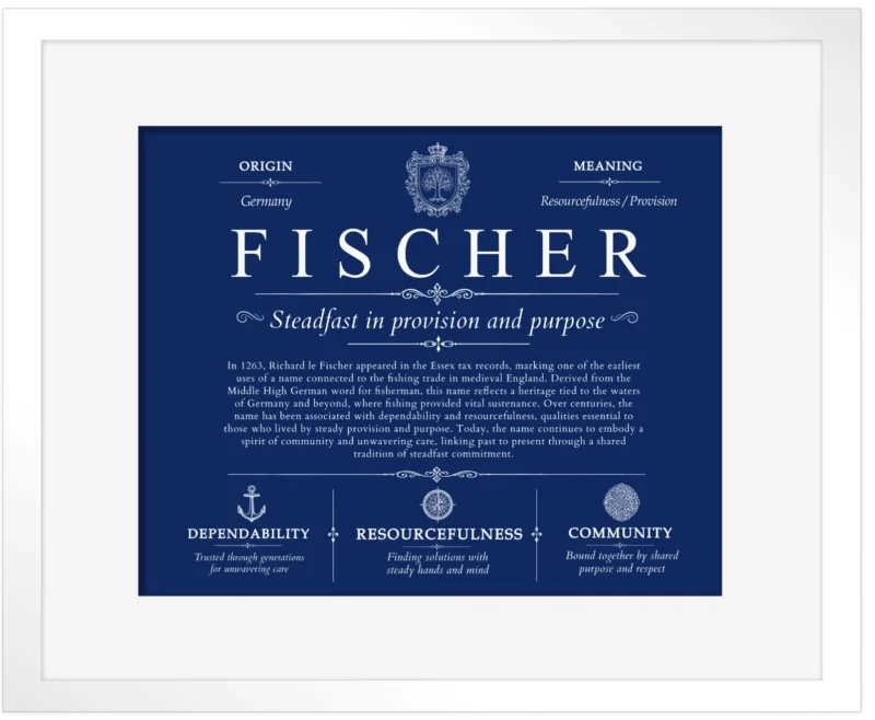 Fischer surname history and heritage in Deep Blue with White Matte Frame