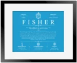 Fisher family name heritage in Blue with Black Matte Frame