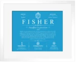 Fisher family name heritage in Blue with White Matte Frame